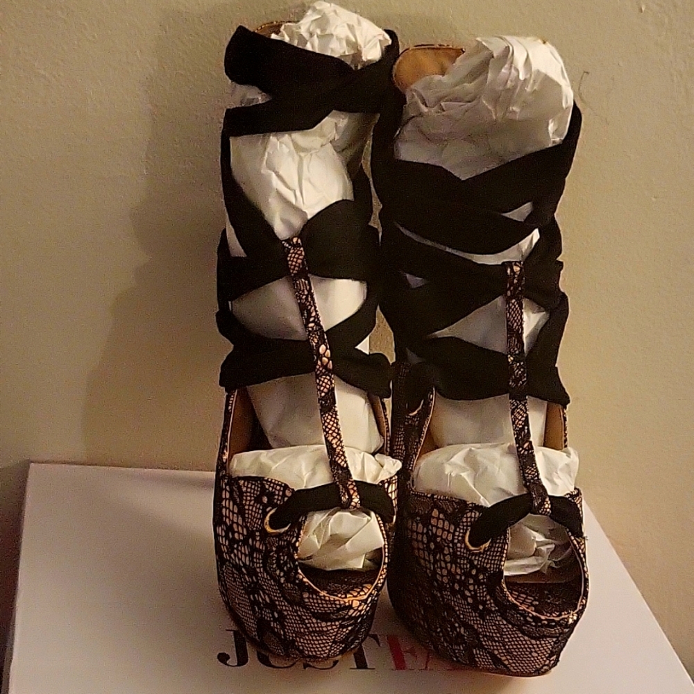 Ribbon lace, platform heels.